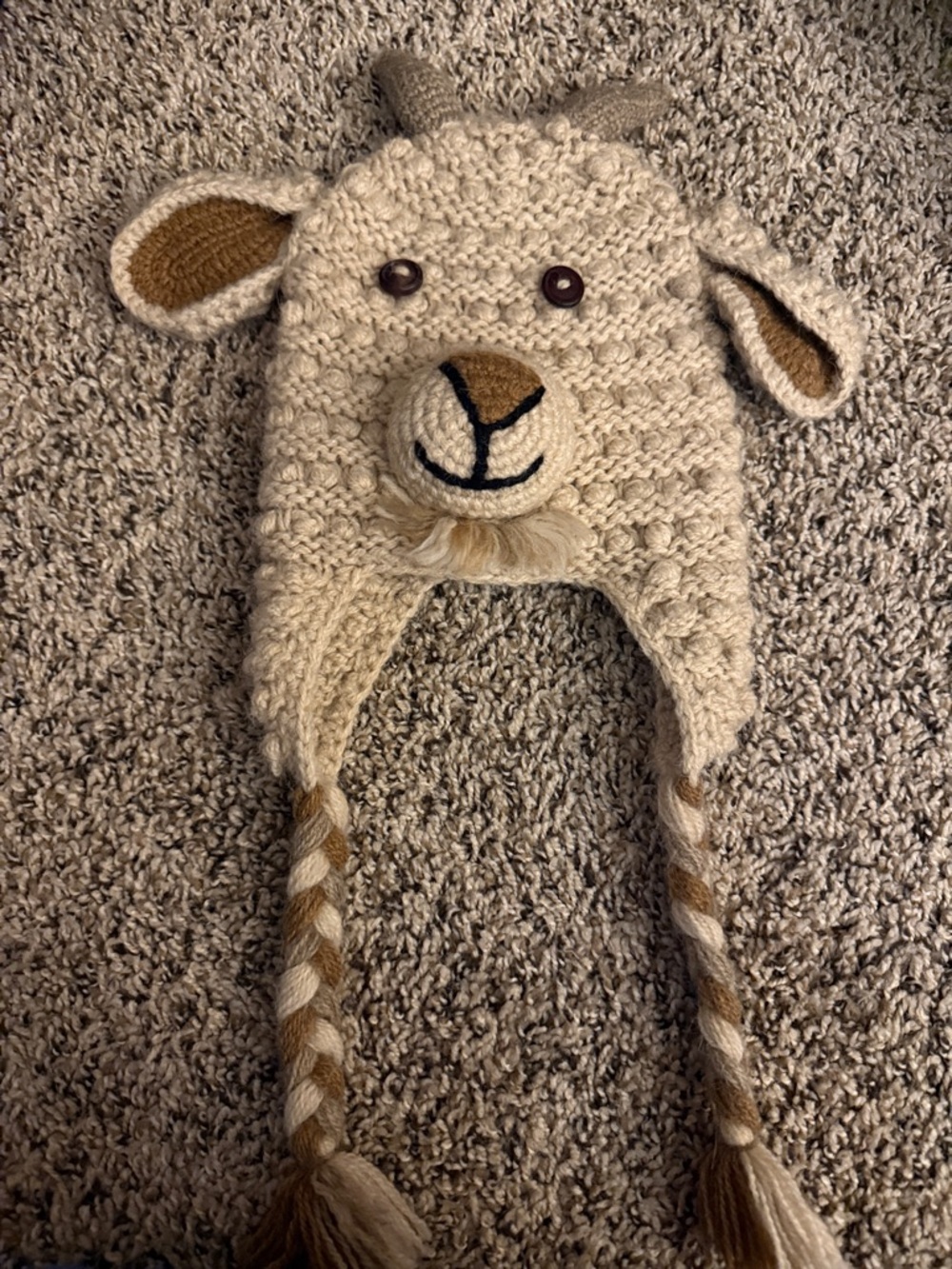 Kids Cream Animal Knit Earflap Hat Andes Kids Billy Goat Handmade in Peru